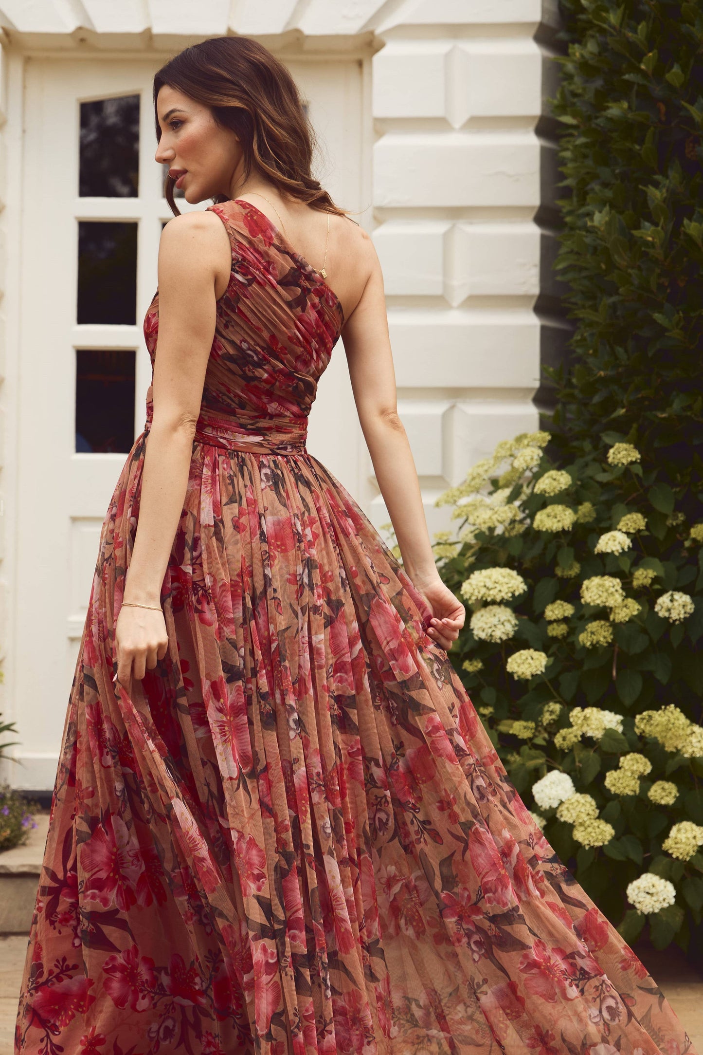 One Shoulder Maxi Dress in Red Rose Floral