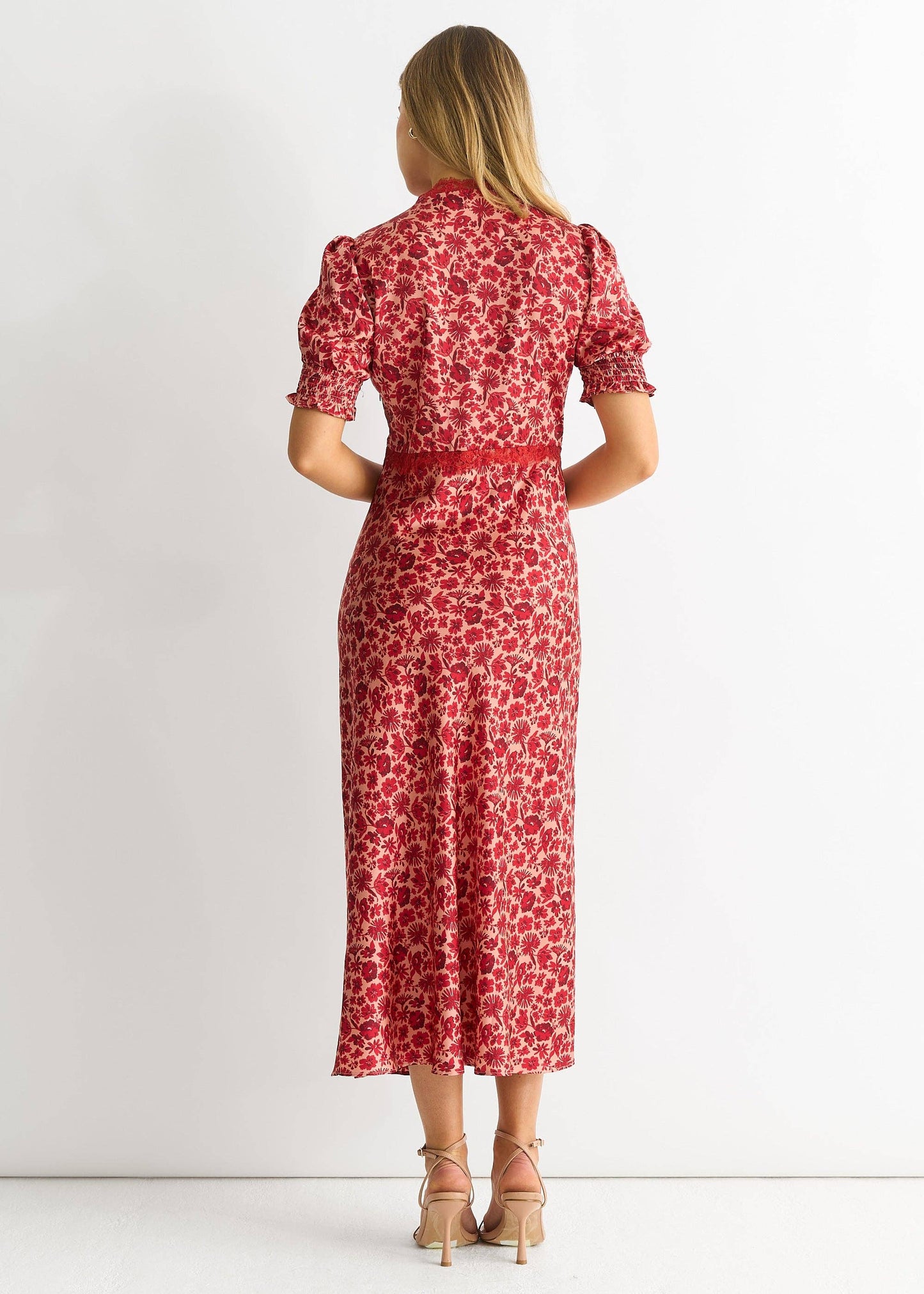 Red Floral Lace Trim V Neck Midi Dress