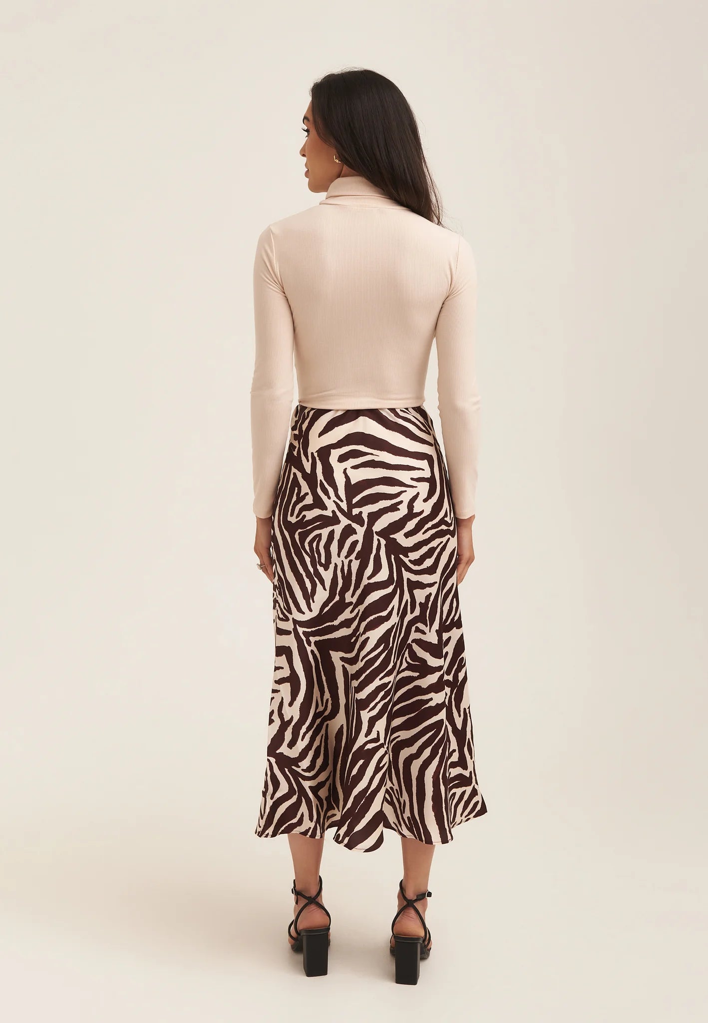 Chocolate Animal Print Satin Bias Cut Midi Skirt
