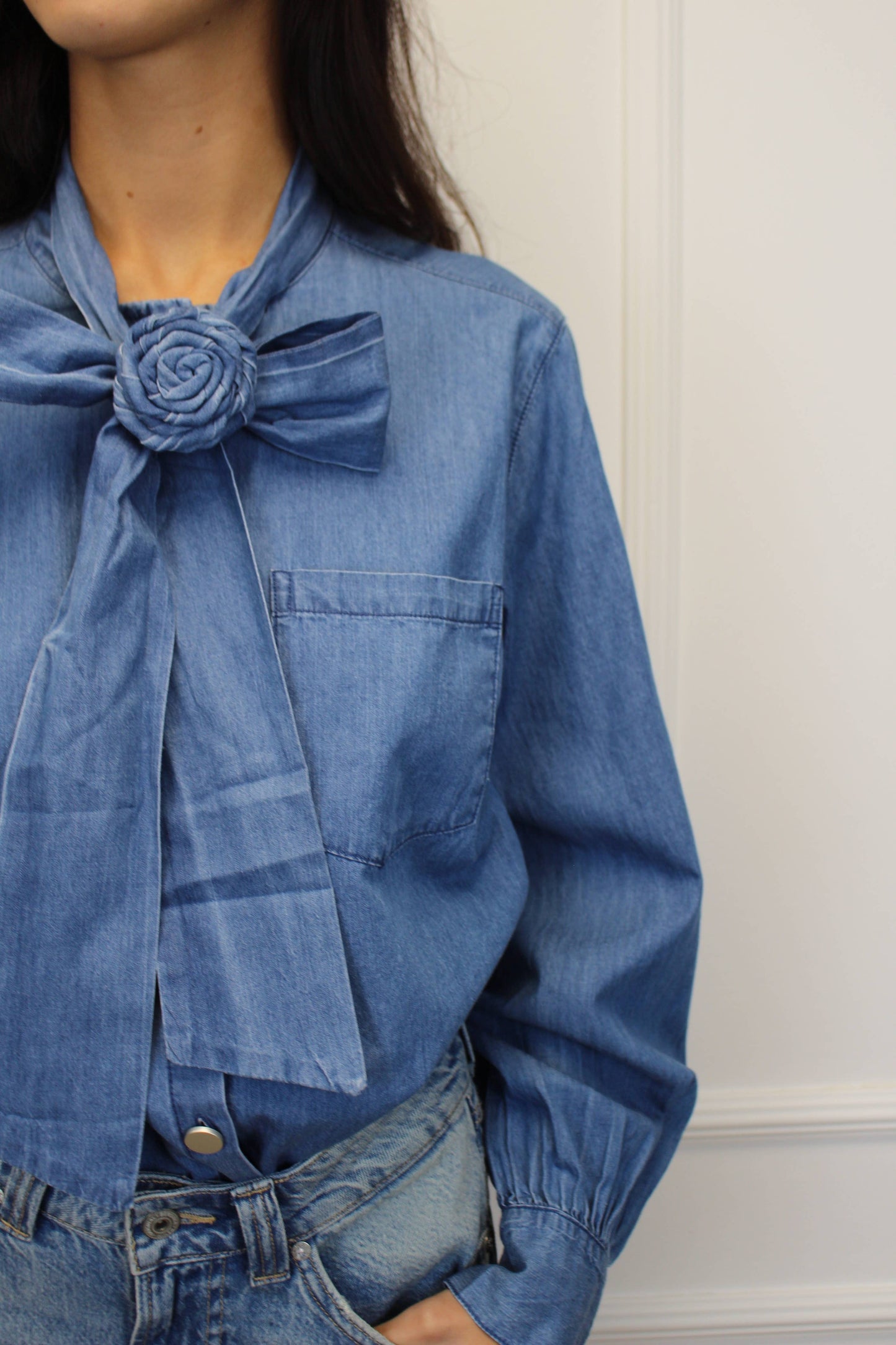 Denim shirt with rose neck tie in Blue