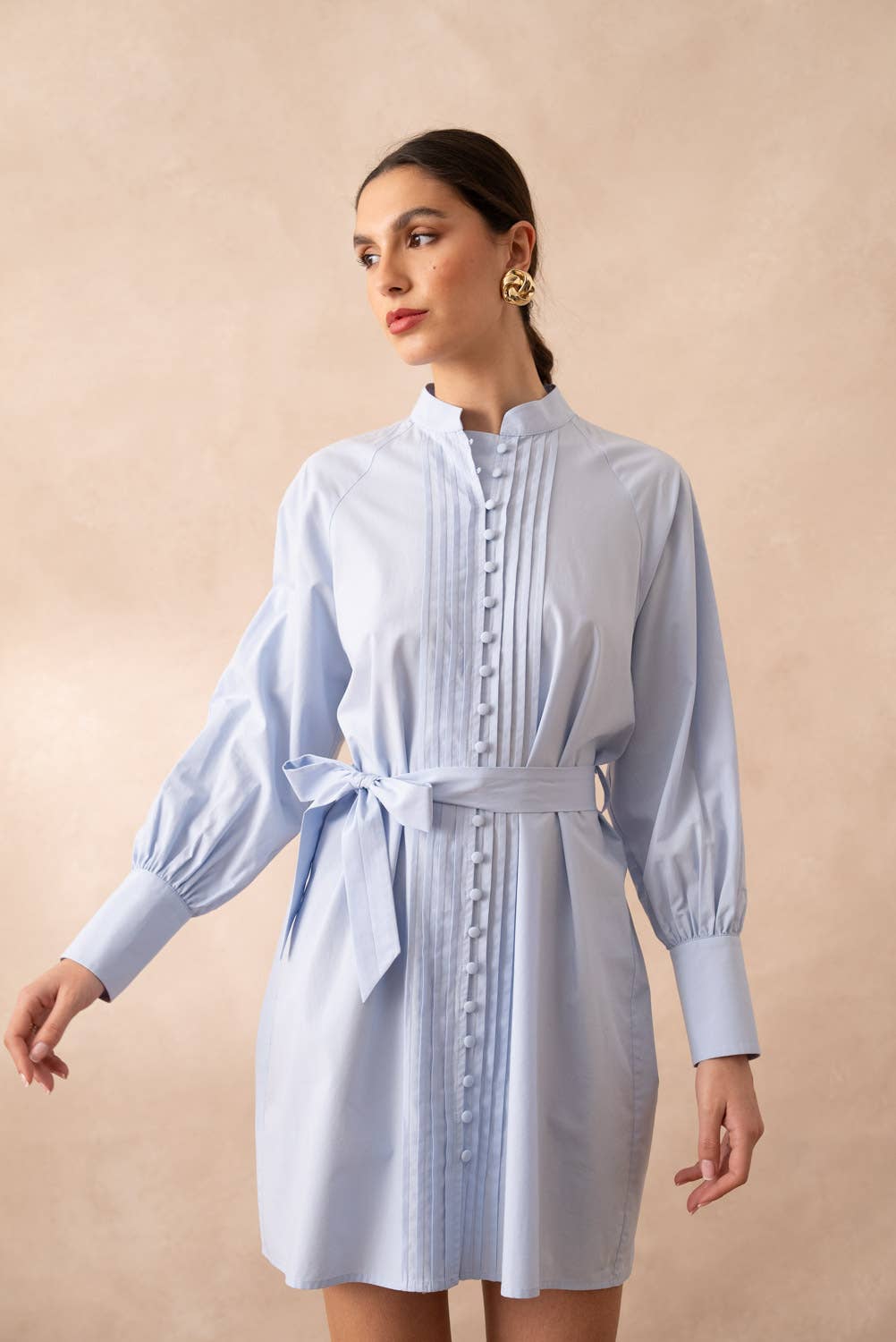 Cotton shirt dress with tie belt: Sky Blue
