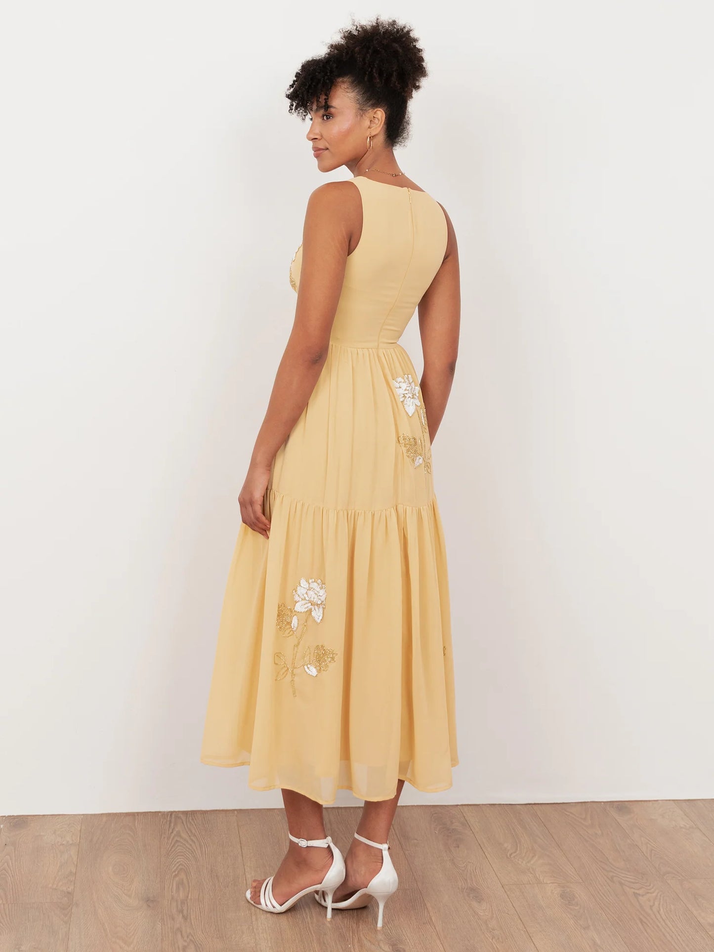 Maya Buttercream Floral Embellished V Neck Midaxi Dress with Split