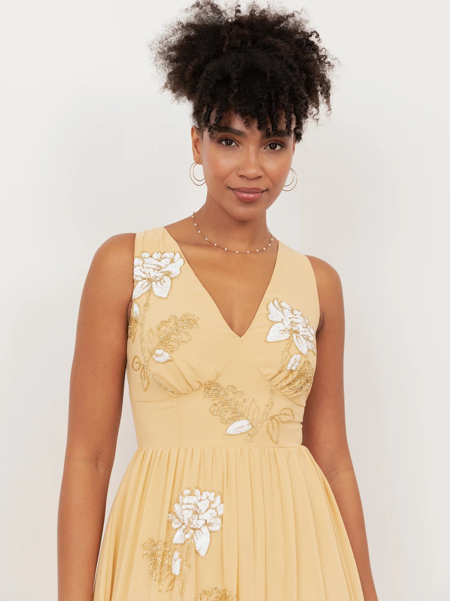 Maya Buttercream Floral Embellished V Neck Midaxi Dress with Split