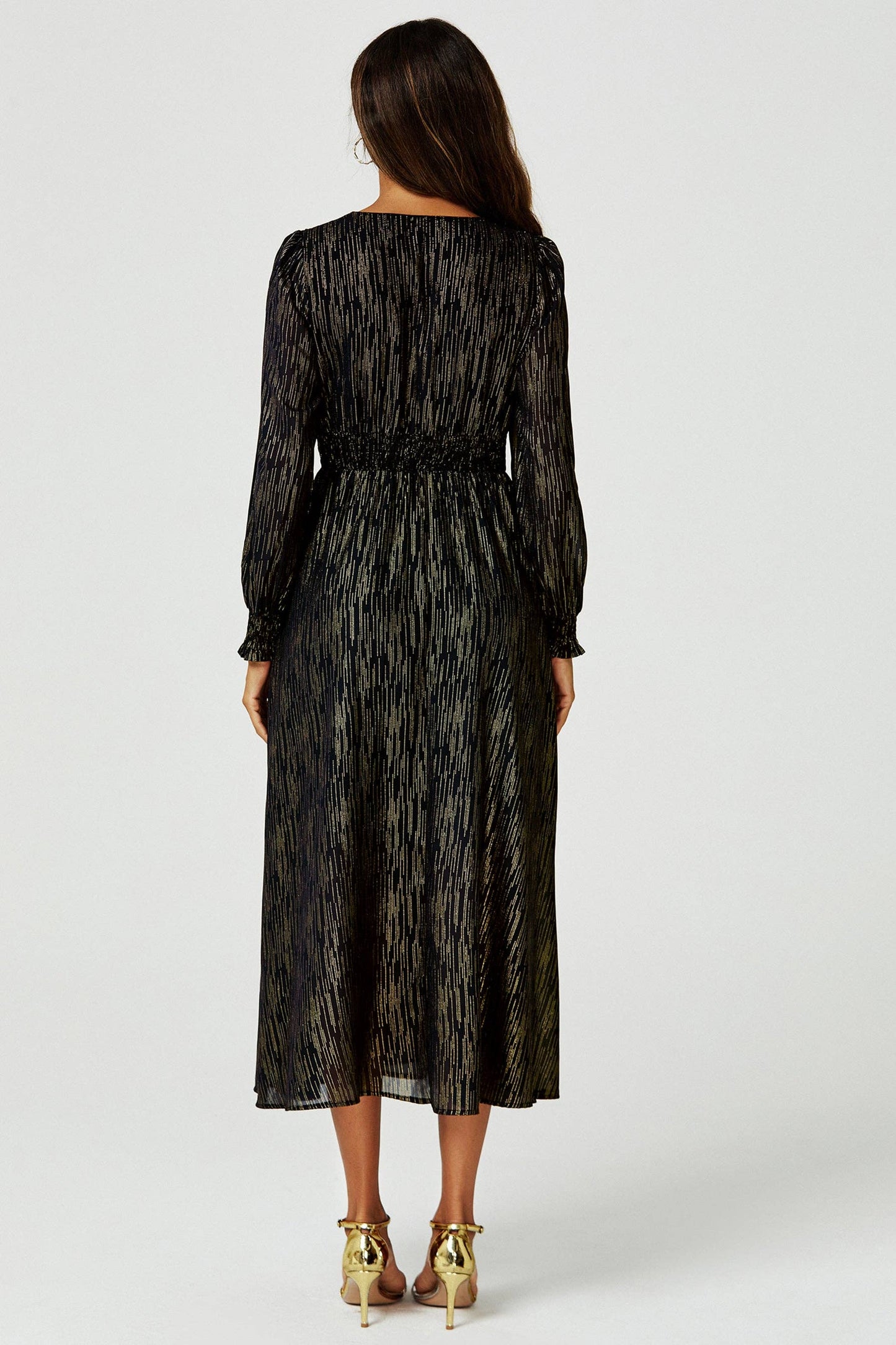 Gold Stripe Foil Long Sleeve Dress In Black