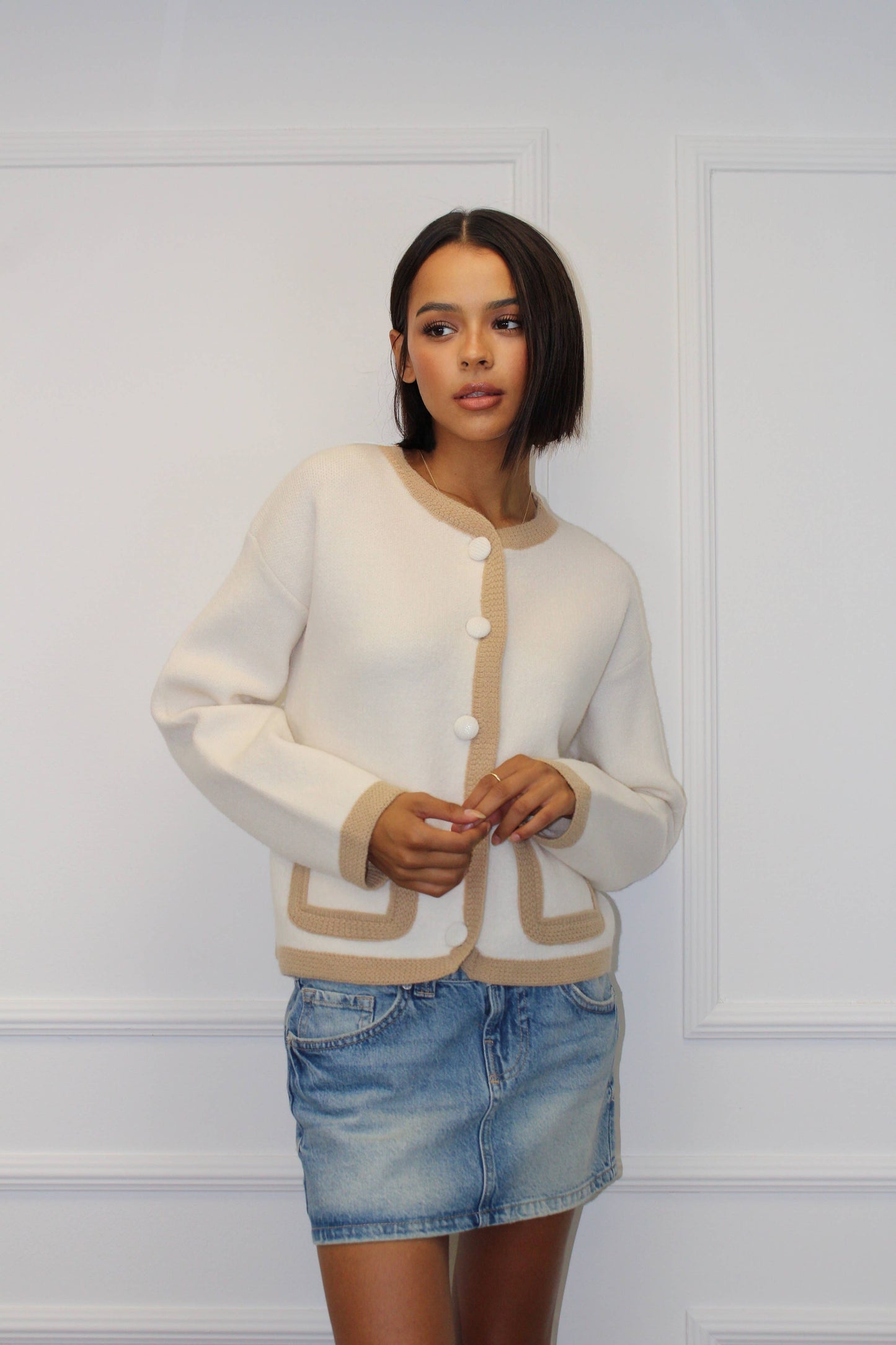 Round neck button through cardigan in Off-White