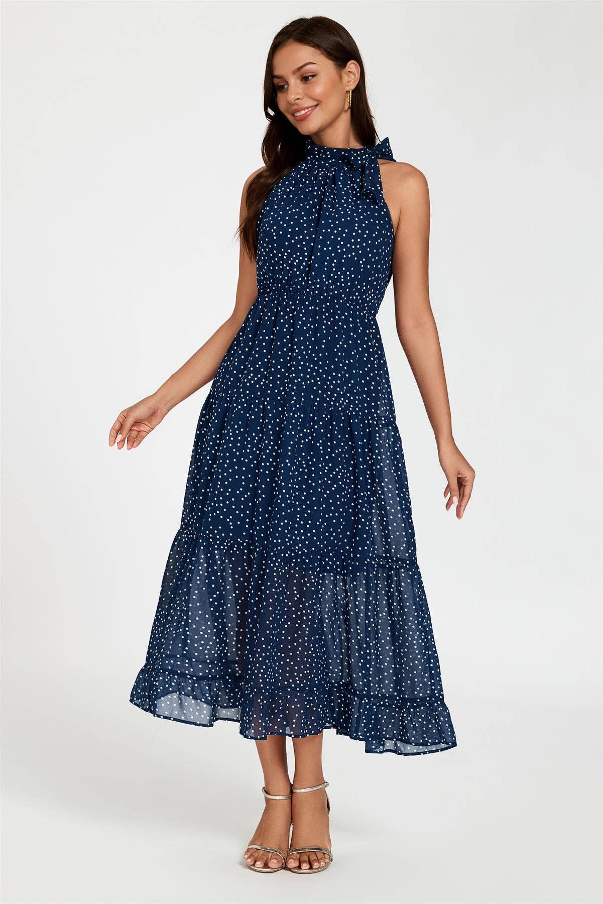 Polka Dot Halter Neck Dress In Navy