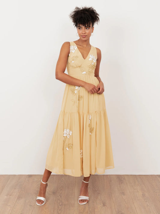Maya Buttercream Floral Embellished V Neck Midaxi Dress with Split