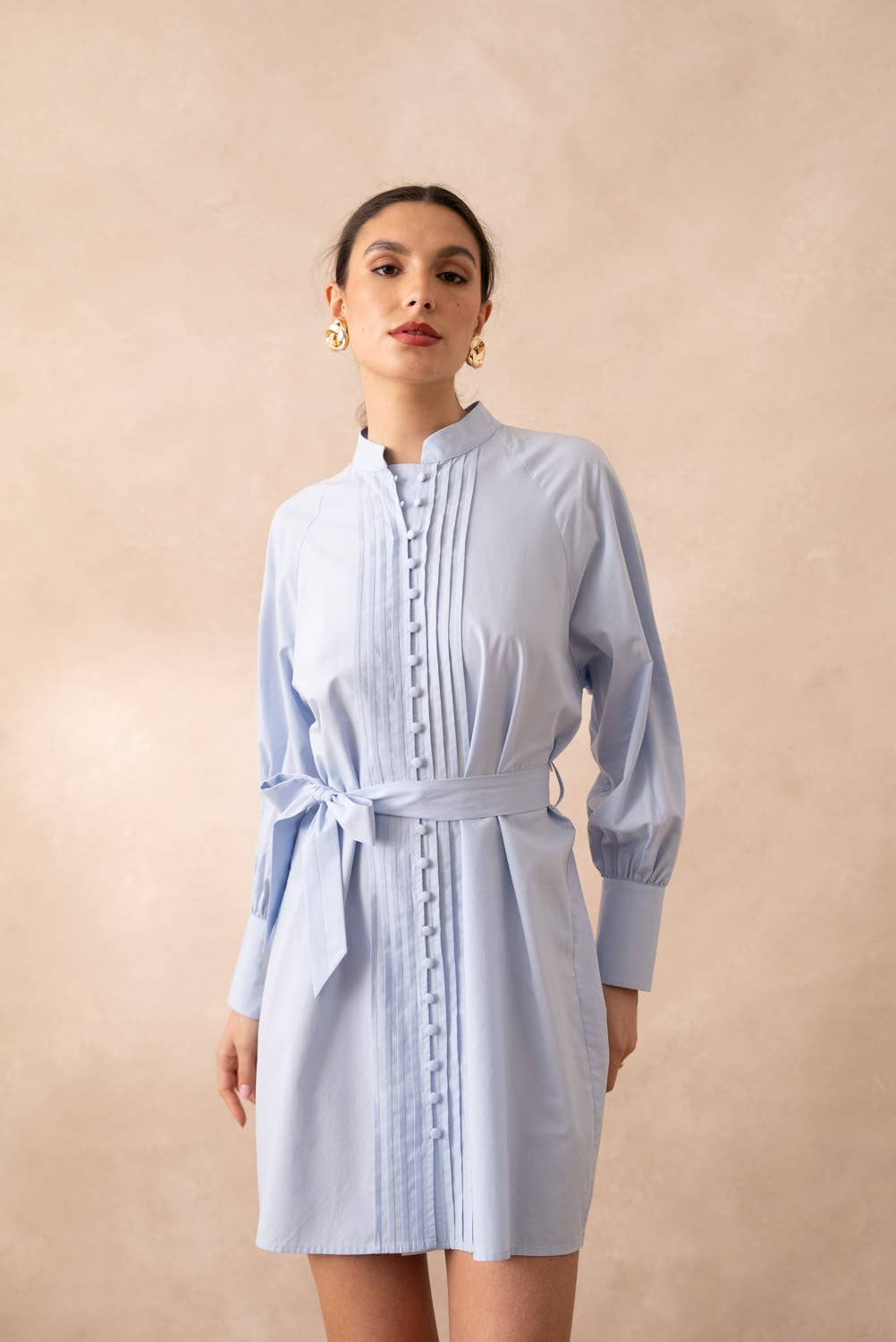 Cotton shirt dress with tie belt: Sky Blue