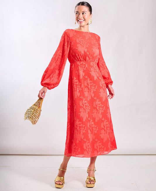 Coral Long Sleeve Jacquard Midi Dress