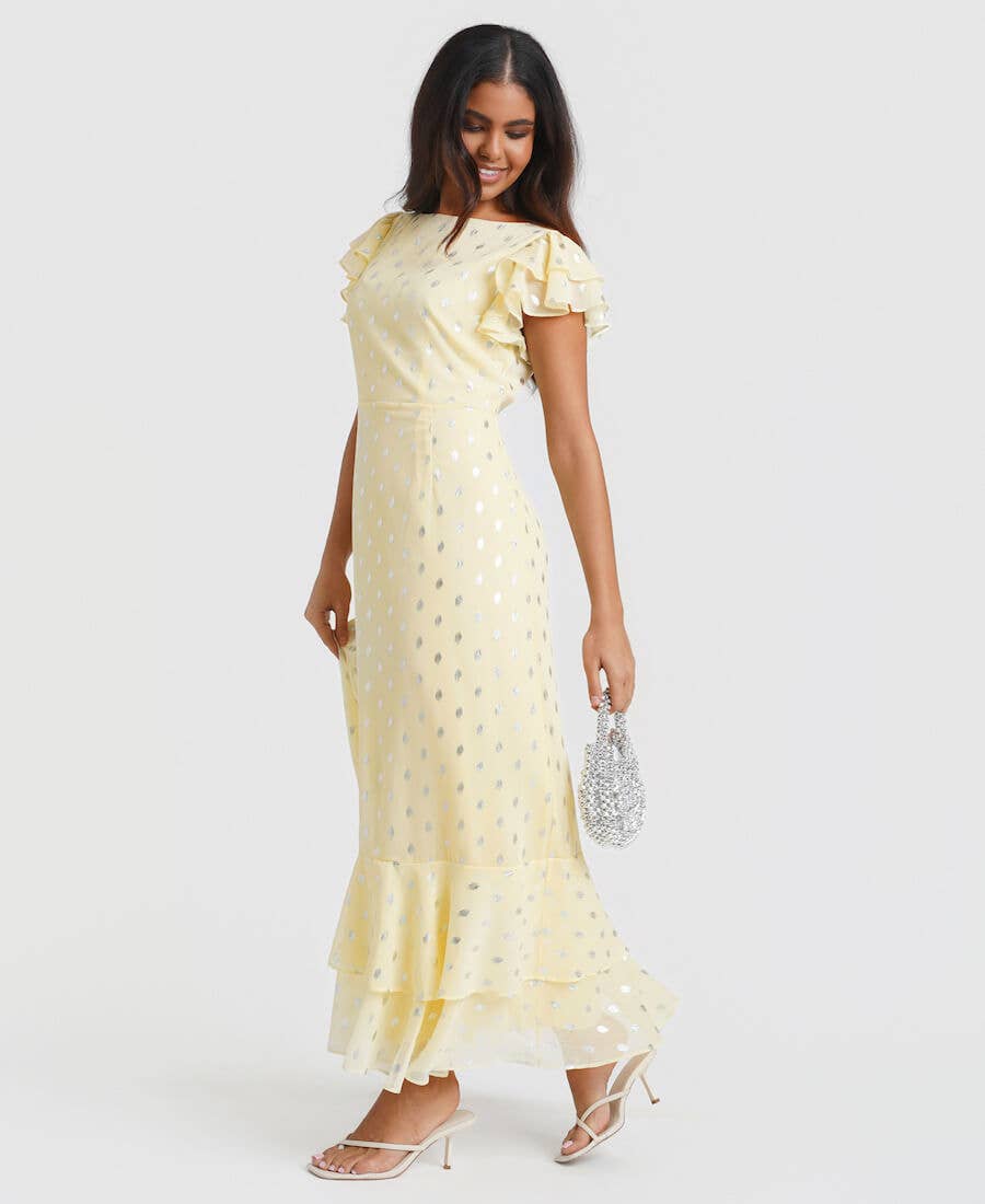 Lemon Flutter Sleeve Foil Midaxi Dress