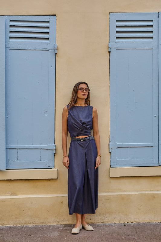 Trapeze denim skirt in Raw blue
