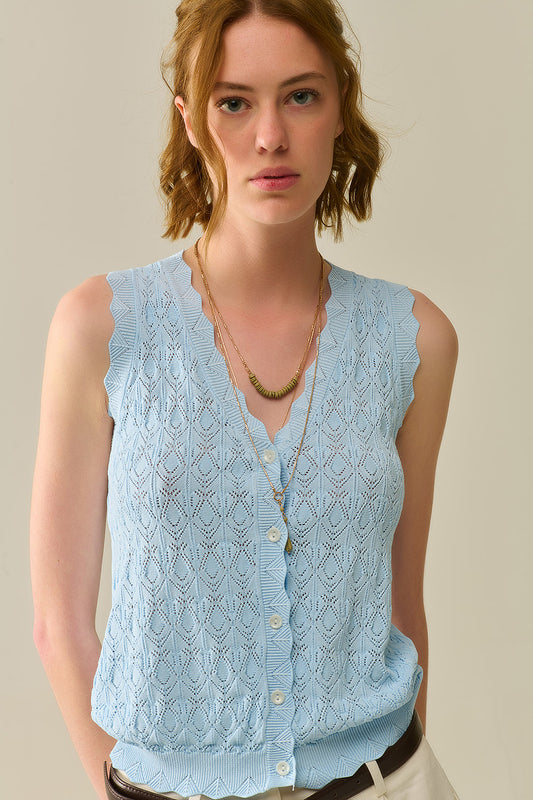 Pointelle Knitted Vest With Scalloped Edges in Blue