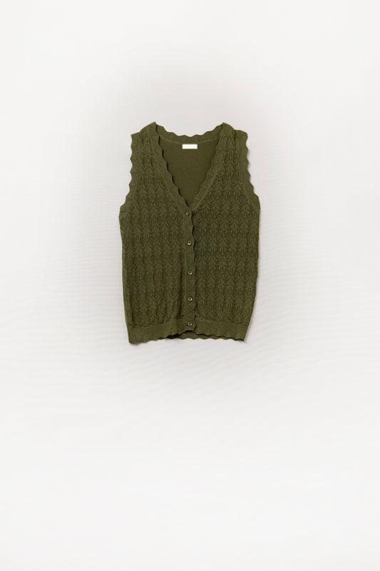 Pointelle Knitted Vest With Scalloped Edges in Khaki