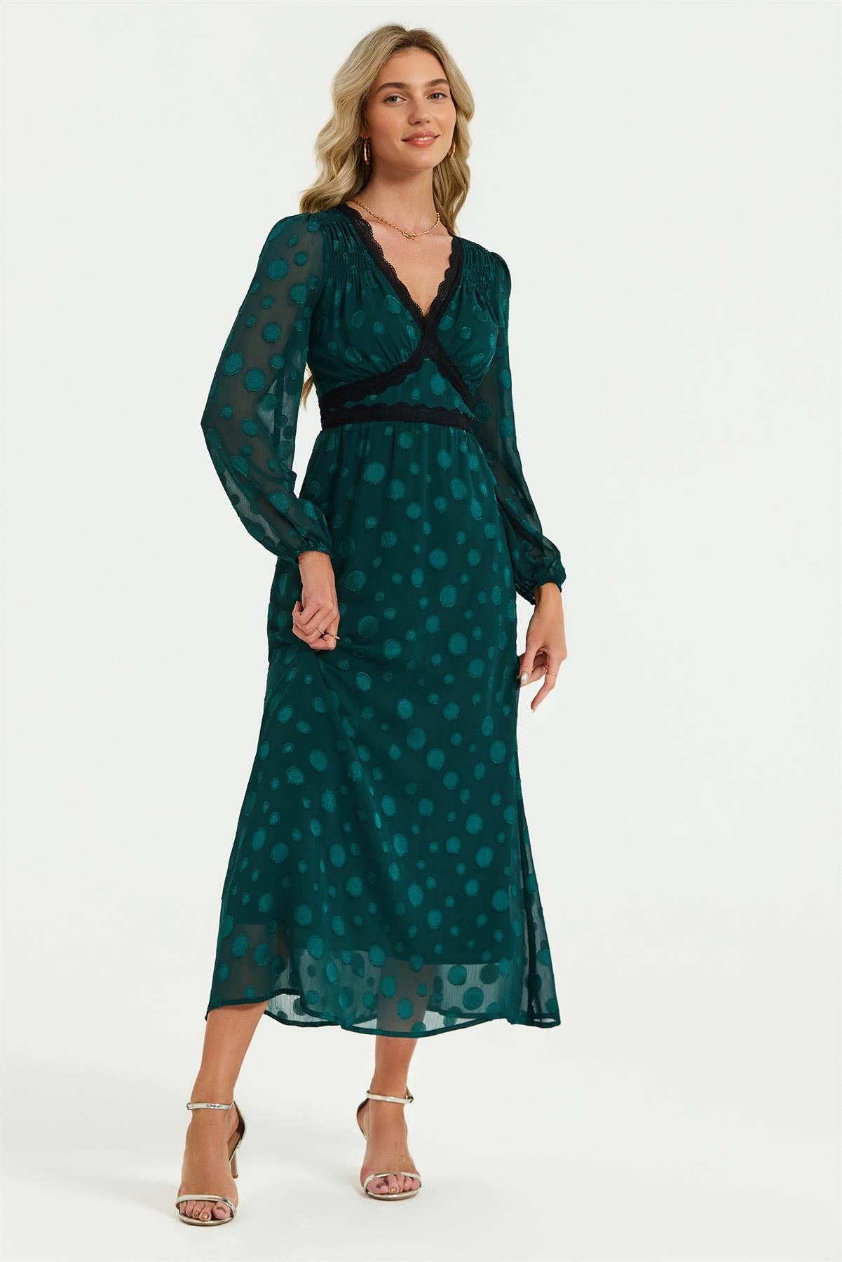 Jacquard Lace Trim Dress In Green