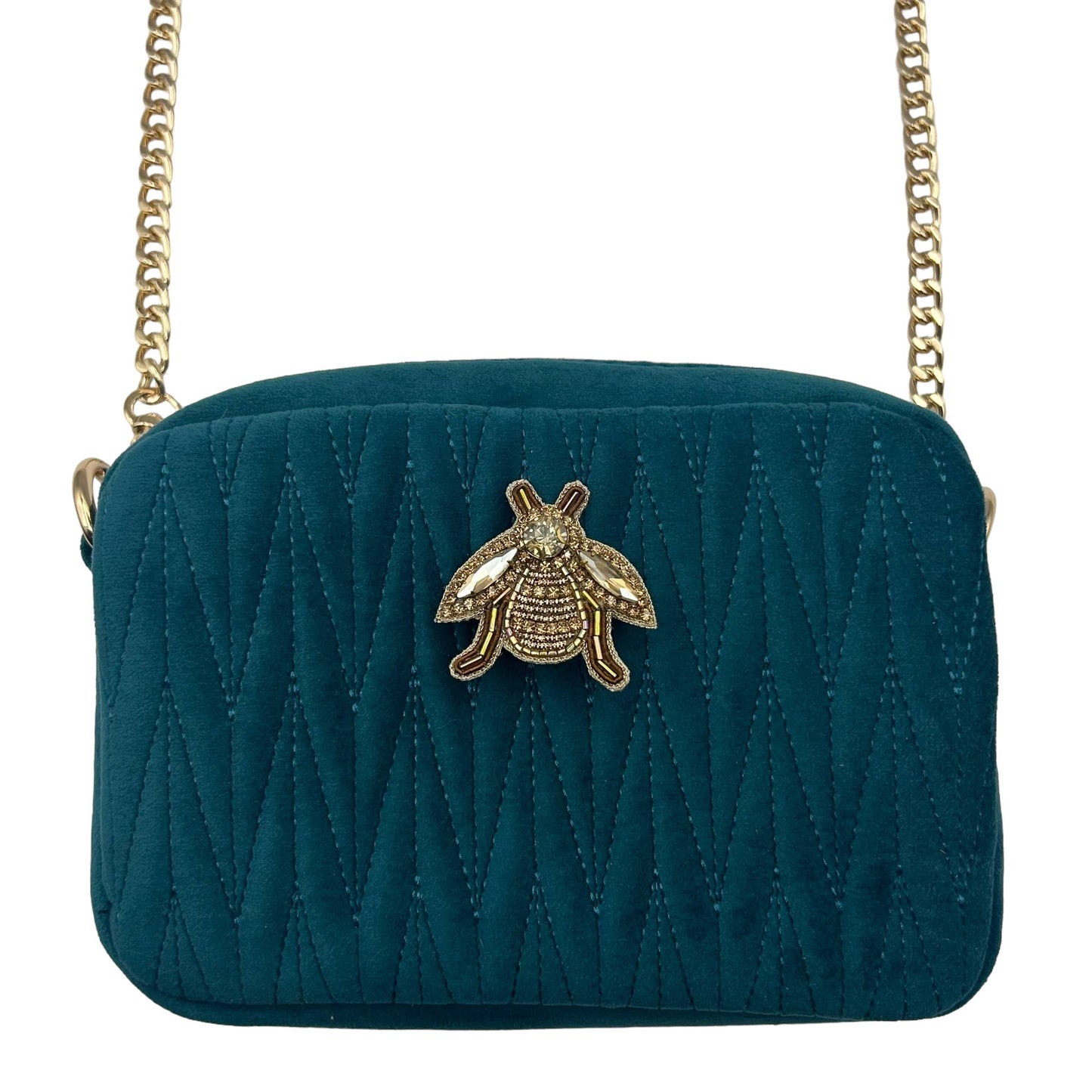 Velvet Rivington bag in teal with gold insect brooch