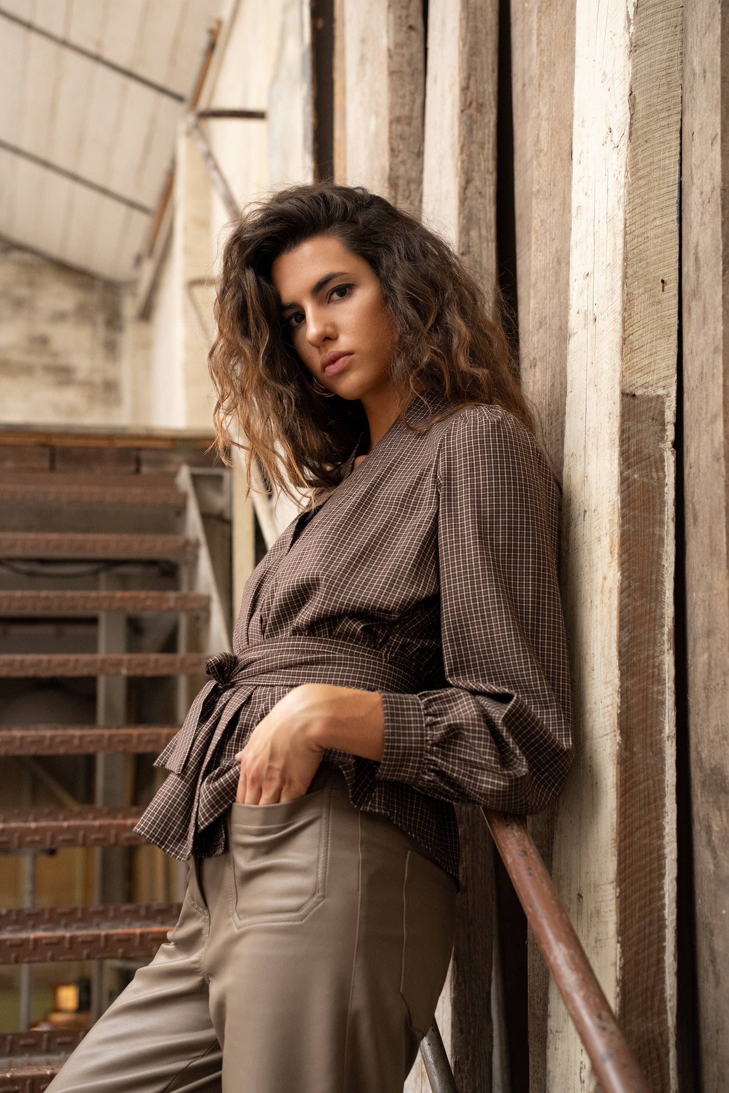 Checked wrap blouse in checked brown