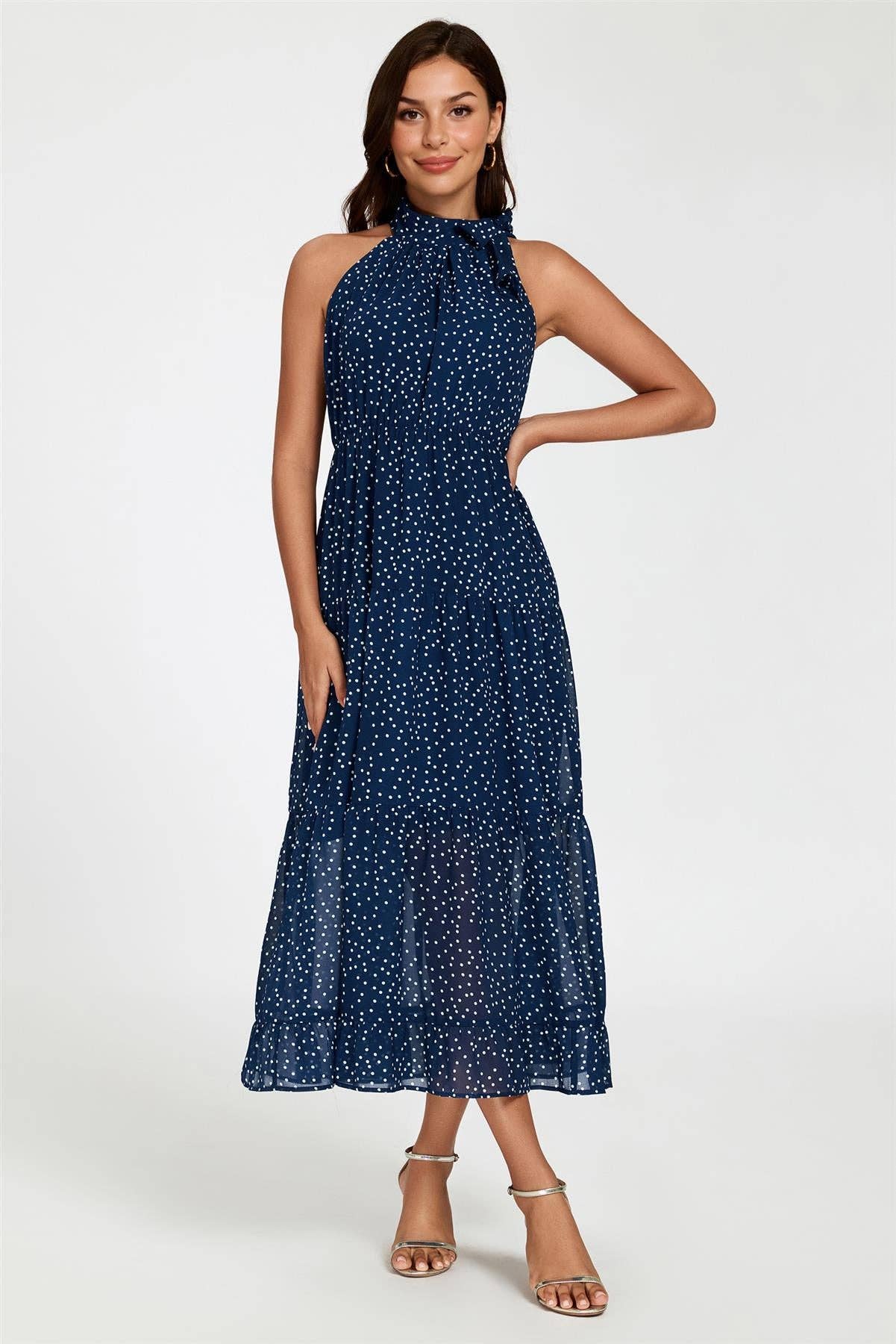 Polka Dot Halter Neck Dress In Navy