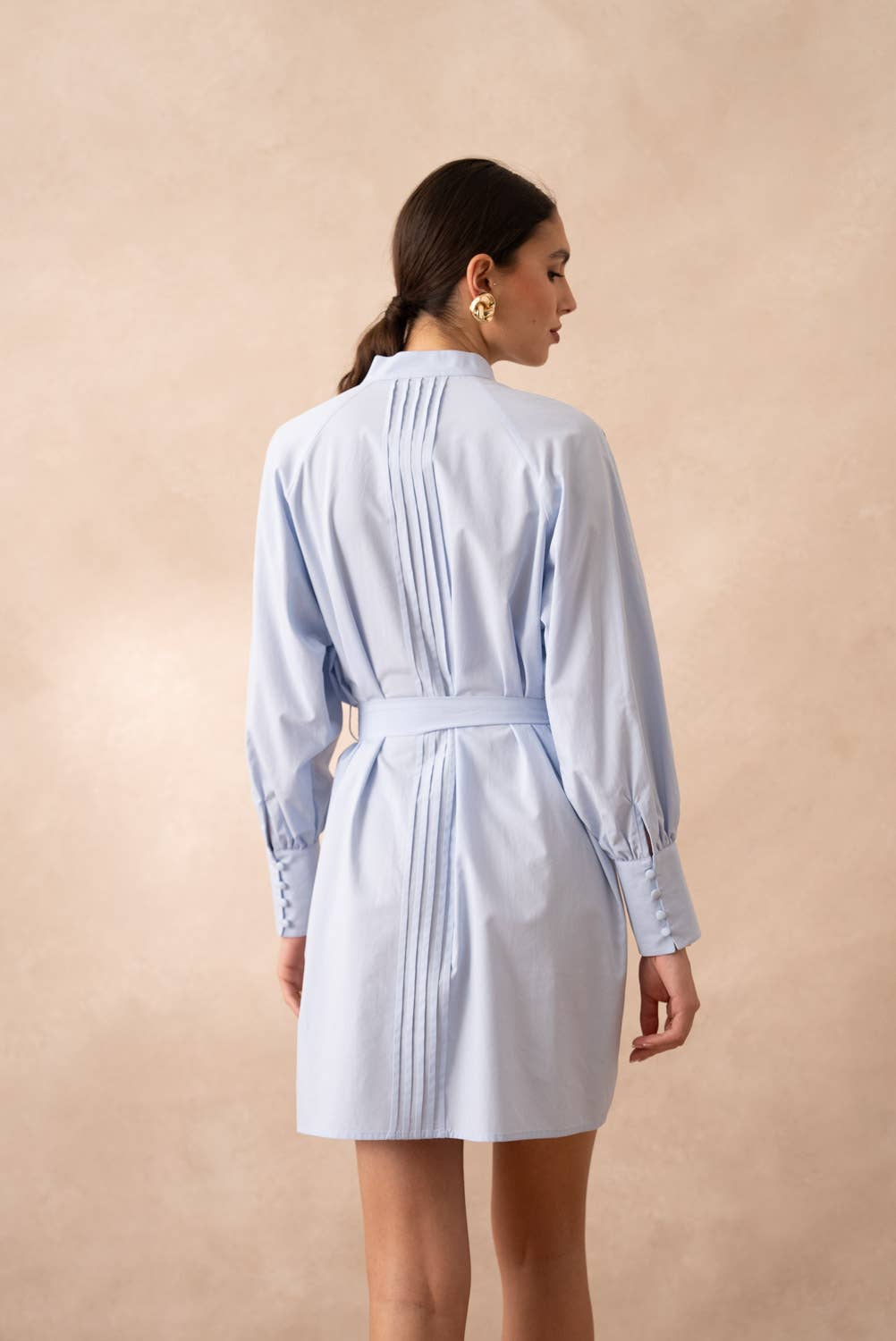 Cotton shirt dress with tie belt: Sky Blue