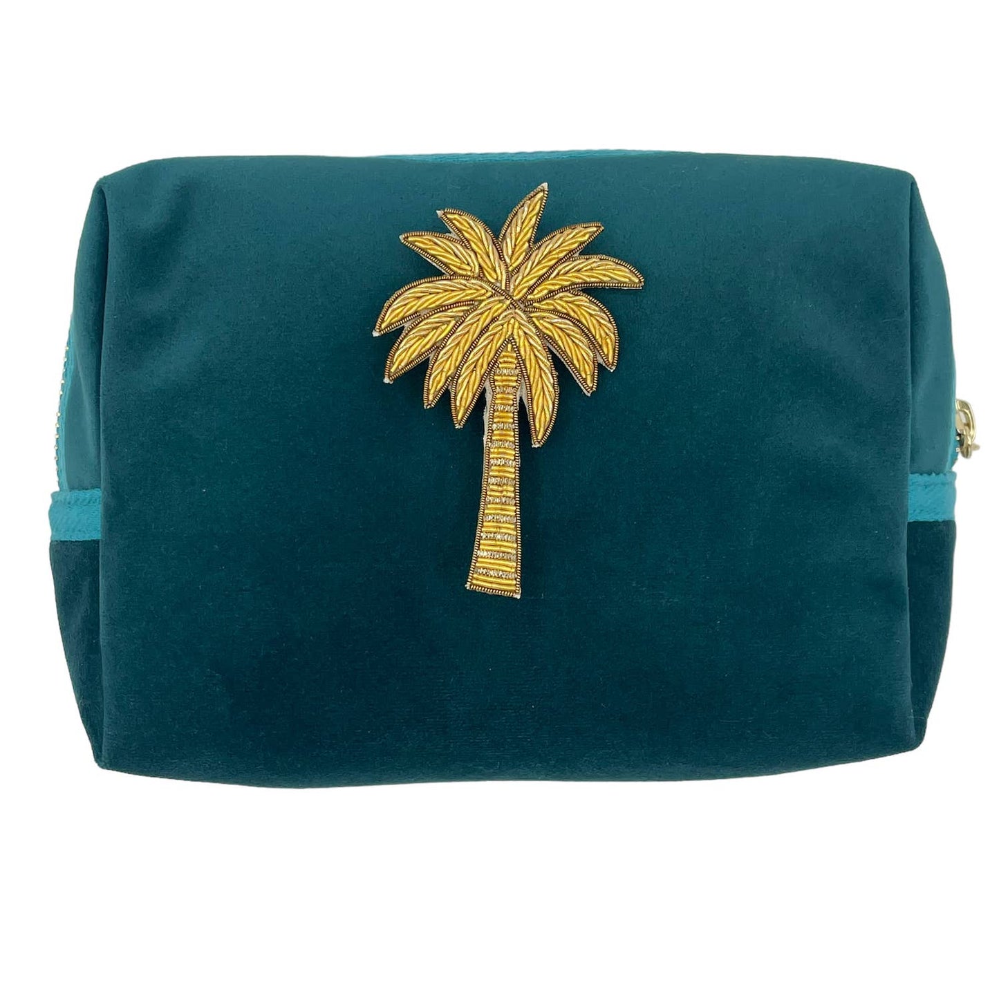 Teal make-up bag & gold palm tree pin