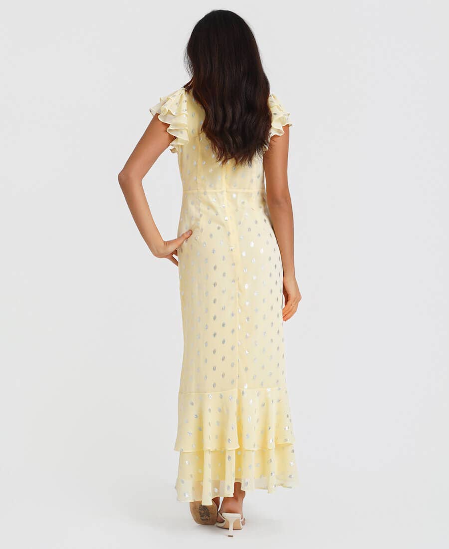 Lemon Flutter Sleeve Foil Midaxi Dress