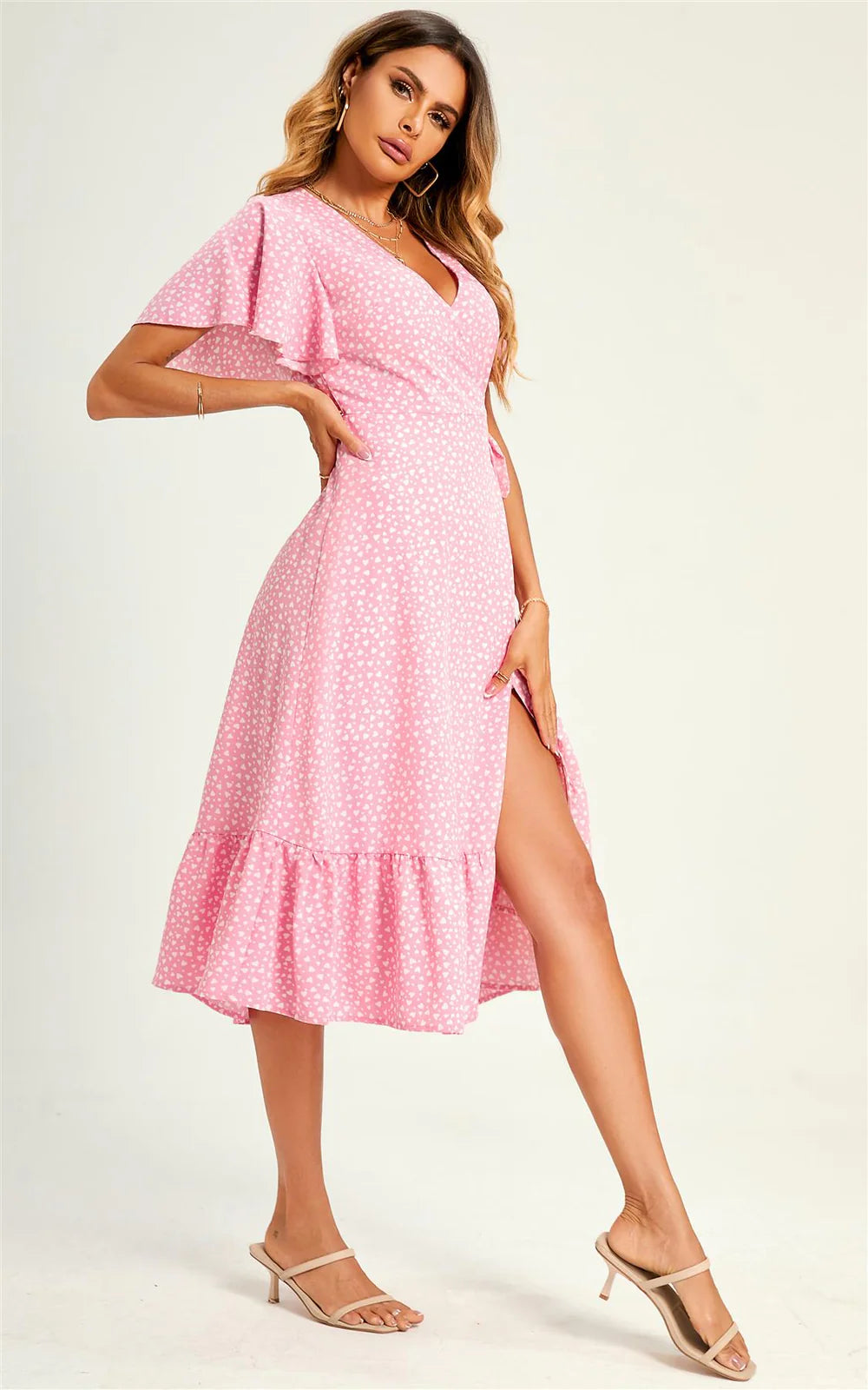 Heart Print Wrap Midi Dress In Pink