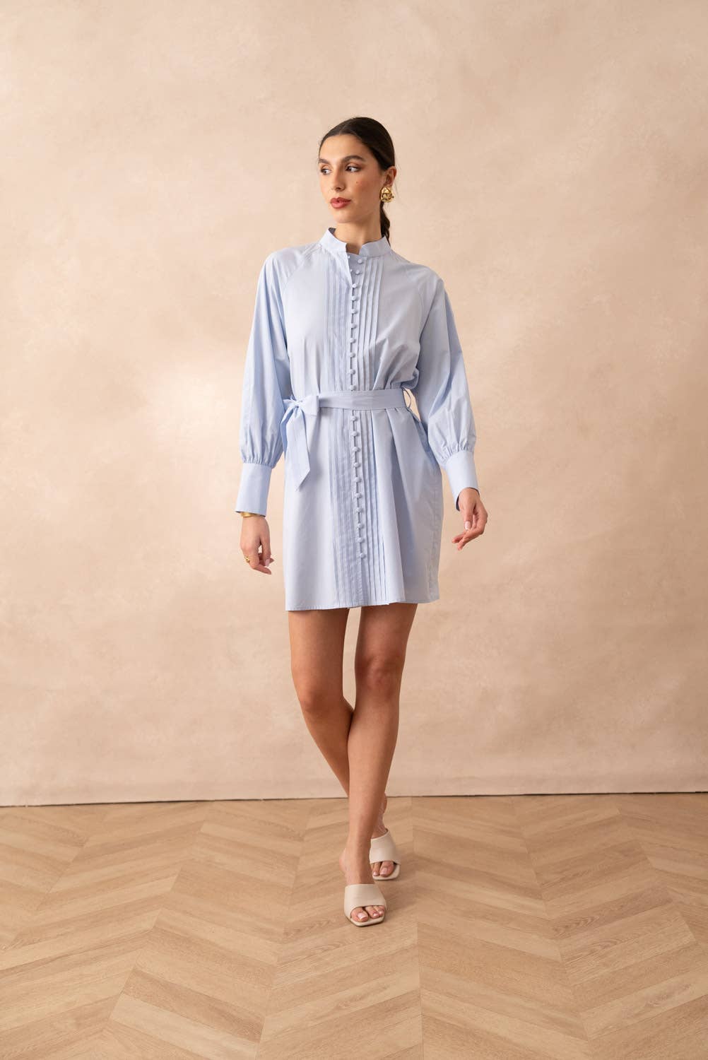 Cotton shirt dress with tie belt: Sky Blue