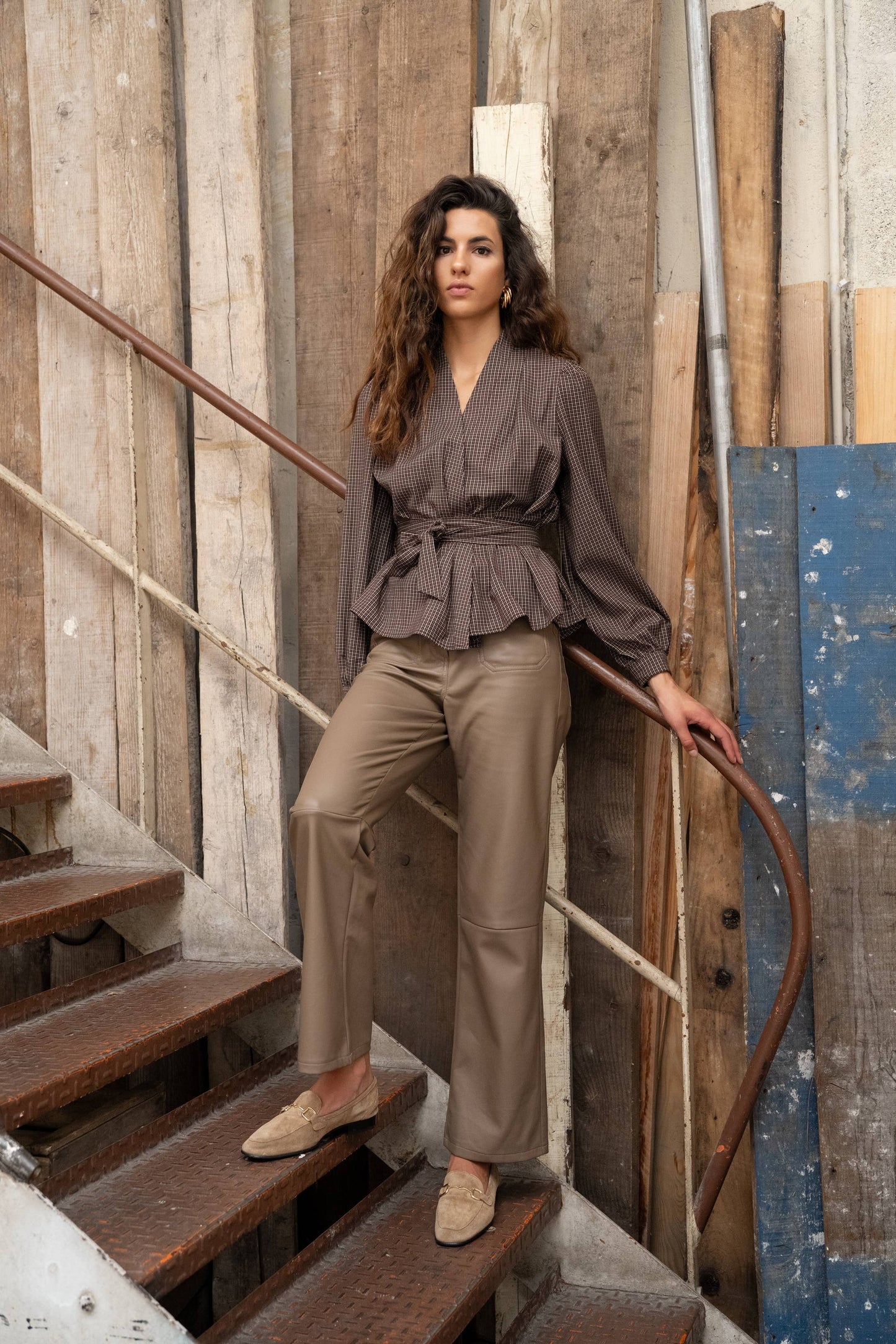 Checked wrap blouse in checked brown