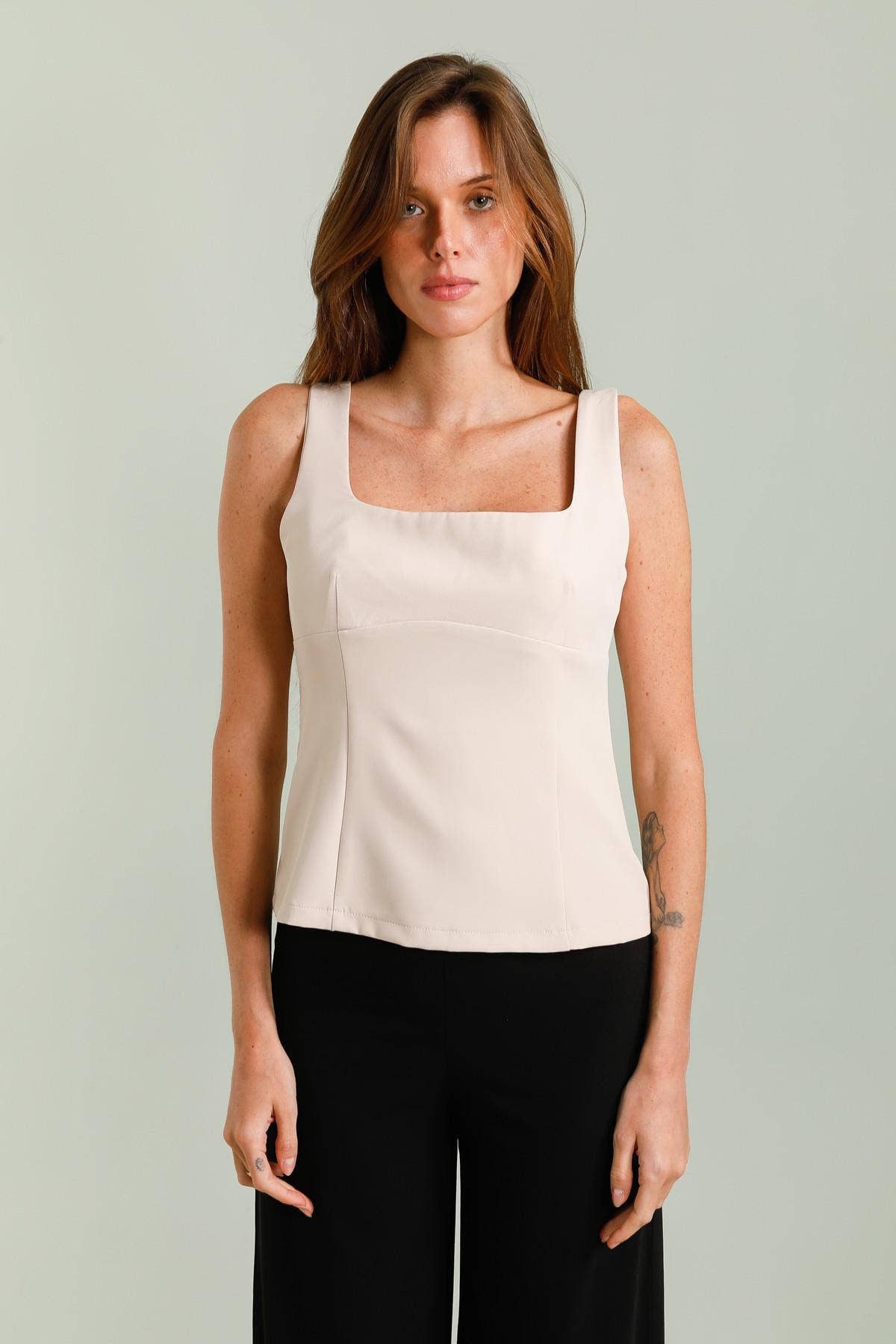 Square neck top with back knot in Beige