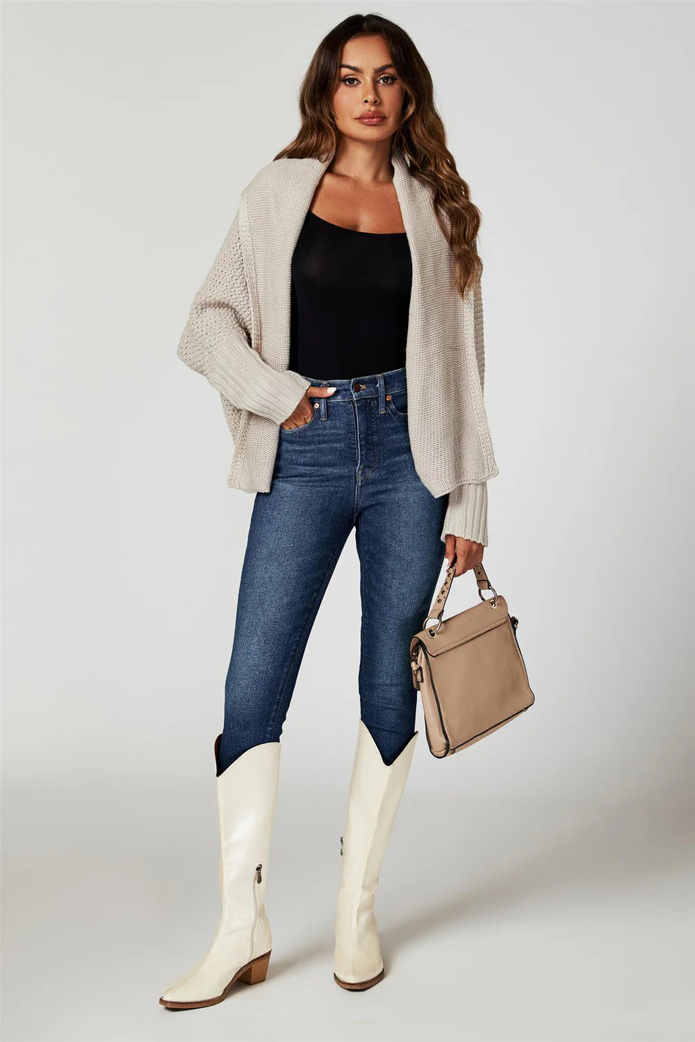 Chunky Pleat Cardigan in Beige