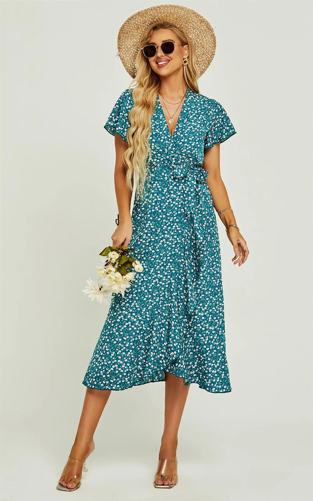 Wrap midi dress in green floral