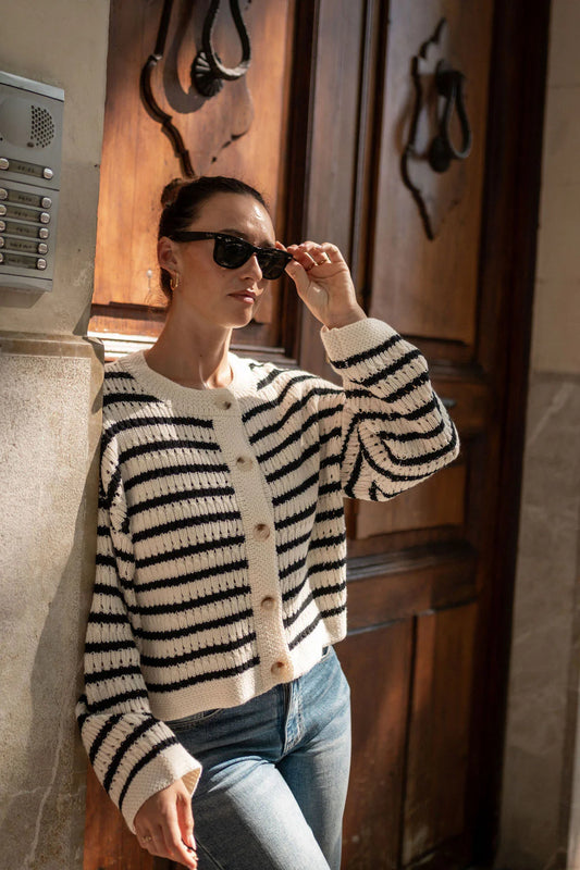 Cream Stripe Cable Knit Cardigan