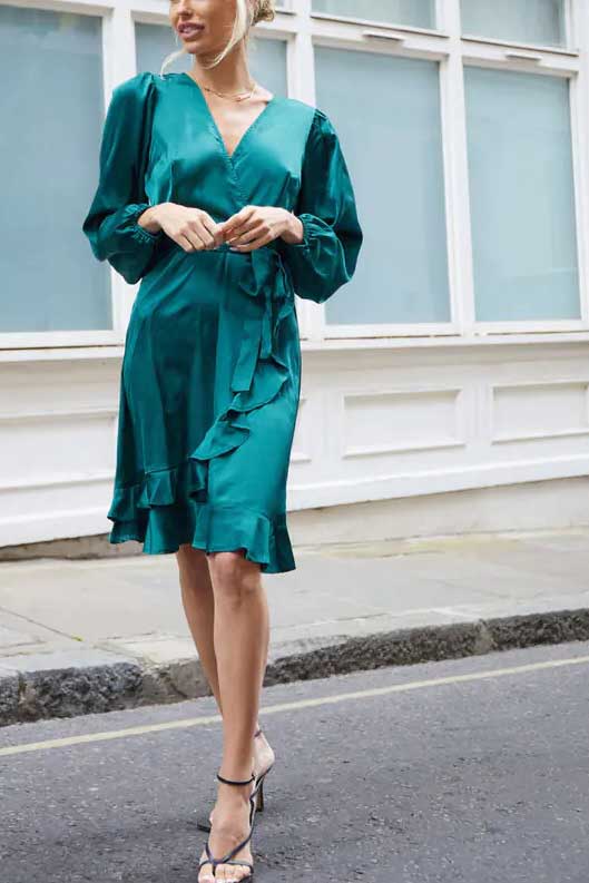 Full Sleeve Plain Ruffle Wrap Midi Dress in Green