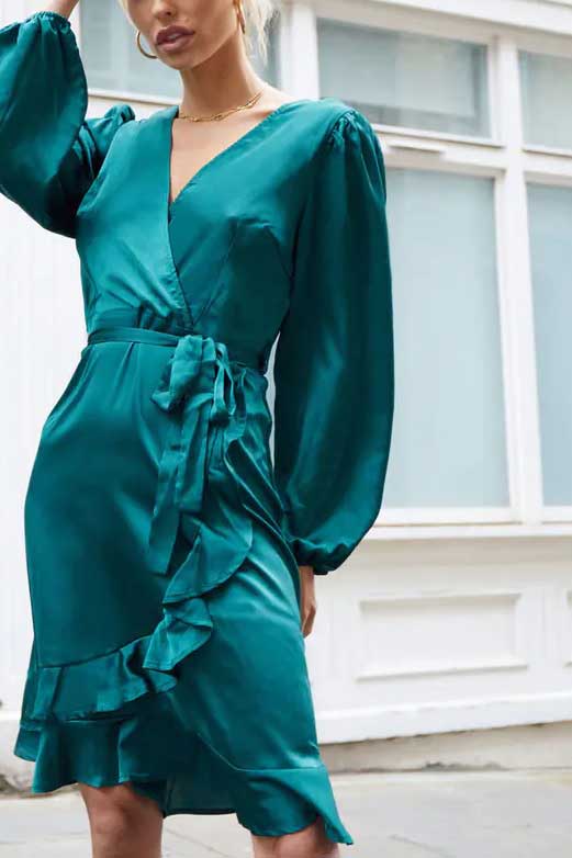 Full Sleeve Plain Ruffle Wrap Midi Dress in Green