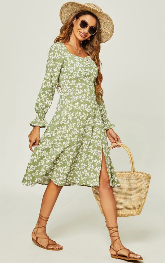 Midi Dress in Green Floral Print