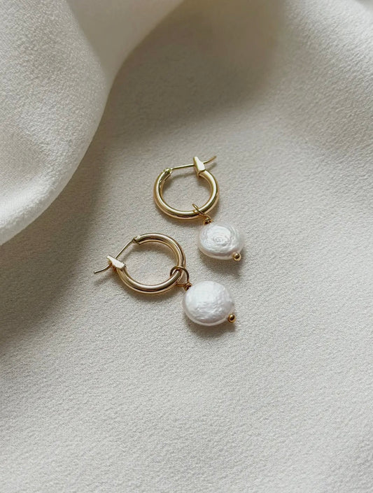 18K Gold Mother of Pearl Heart Huggie Earrings