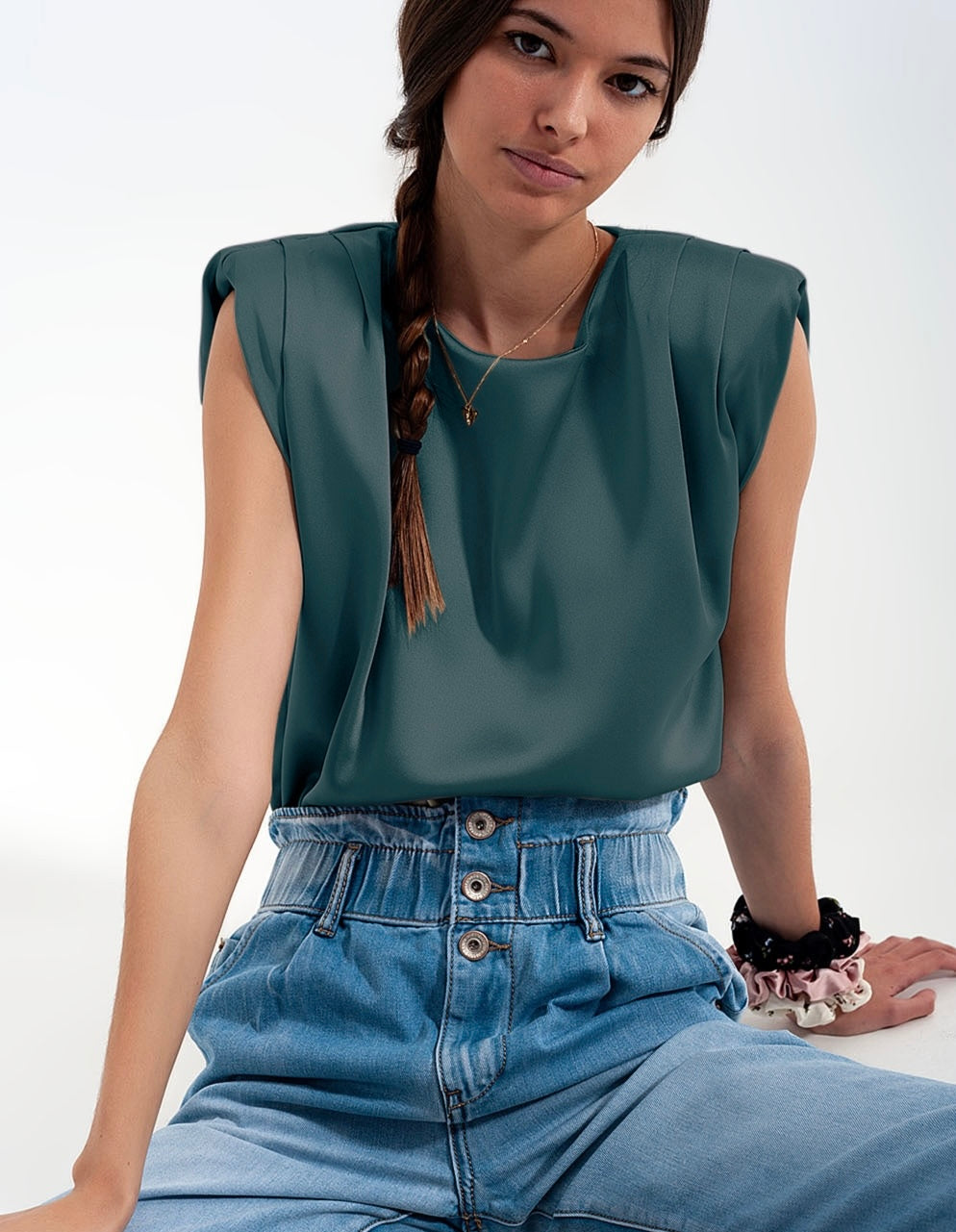 Satin Sleeveless Top in Green