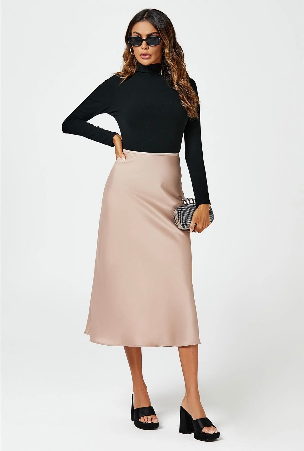 Satin Midi Skirt in Mink