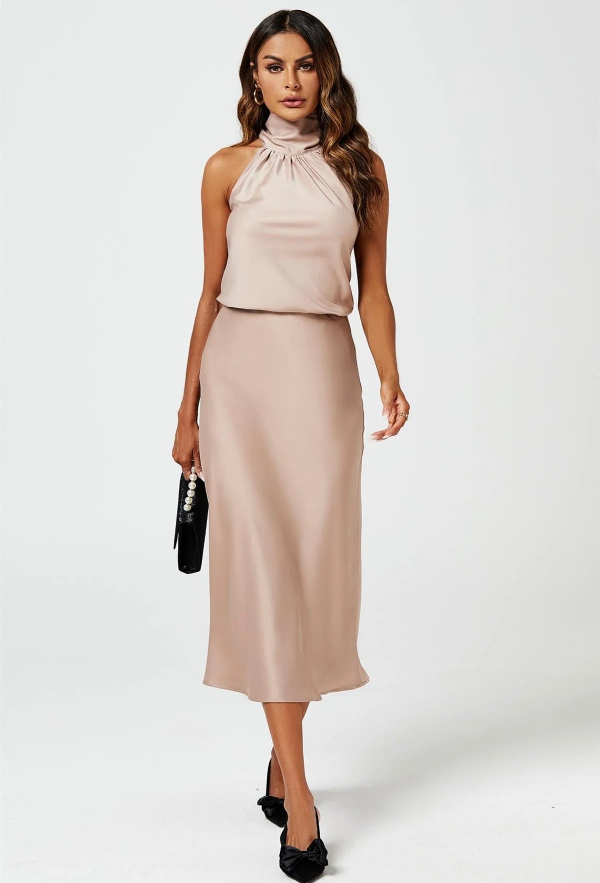 Satin Midi Skirt in Mink