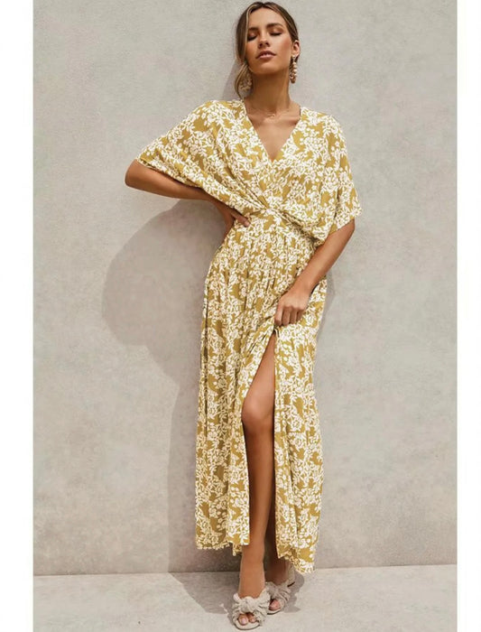 Bohemian Midi Dress with V Neck in Yellow Olive