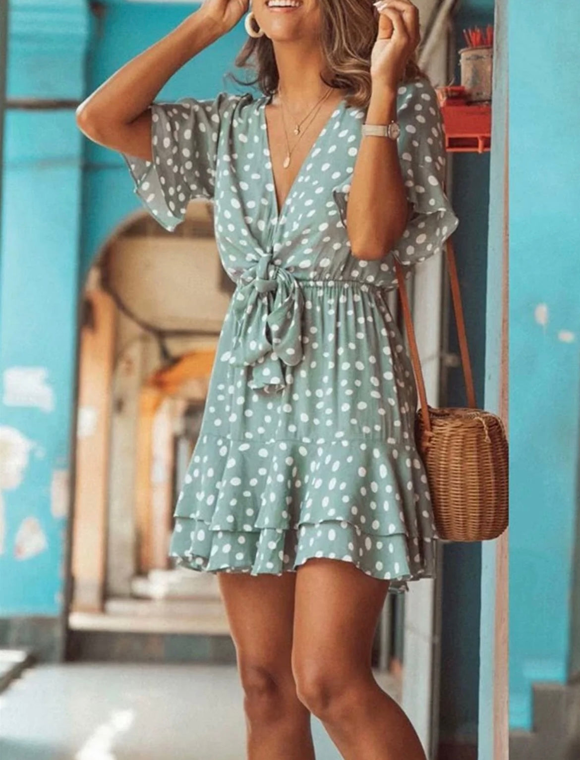 Spotty Mini Dress in Mint Green