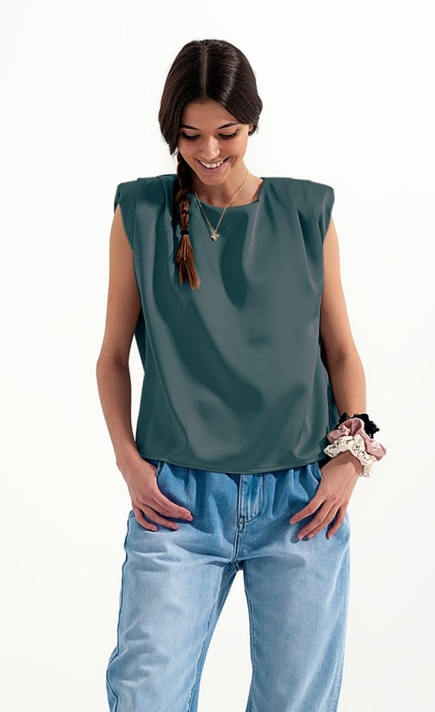 Satin Sleeveless Top in Green