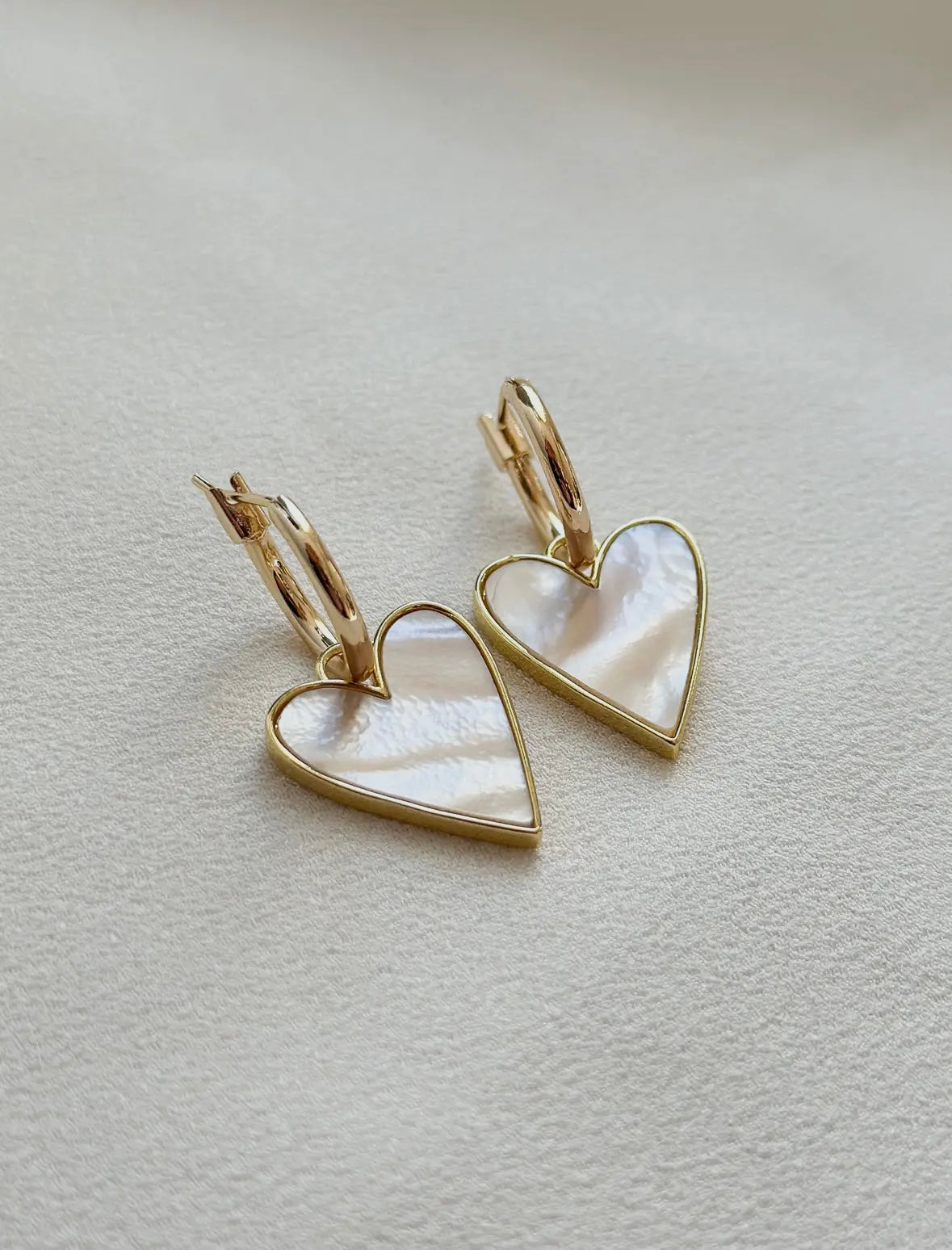 18k Gold Mother of Pearl Heart Hoop Earrings