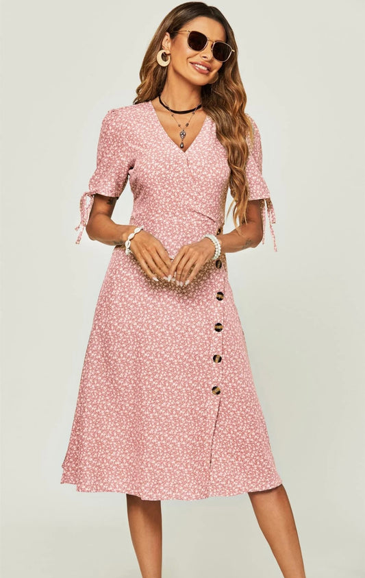 Floral Pink Midi Dress with Button Detail