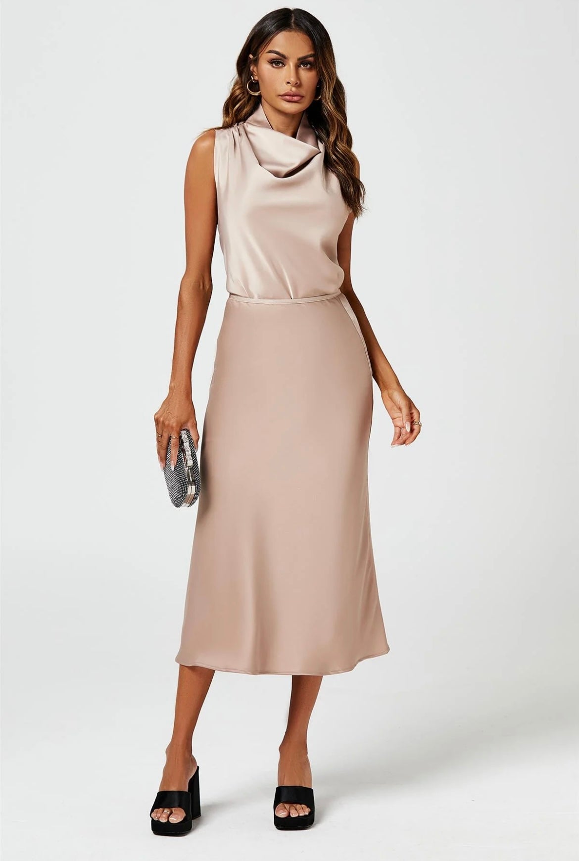 Satin Midi Skirt in Mink