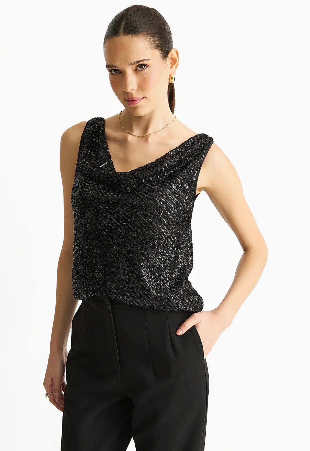 Sequin cowl neck top in Black