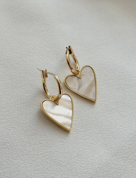 18k Gold Mother of Pearl Heart Hoop Earrings