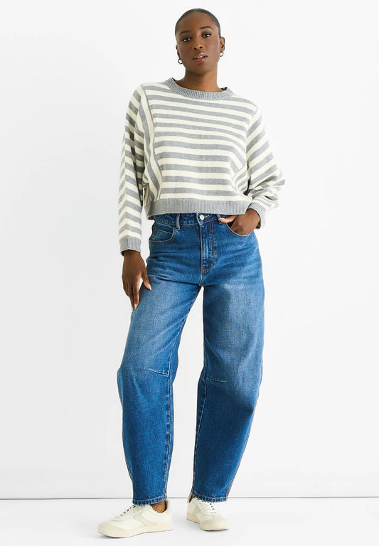 Grey Contrast Stripe Loose Fit Knit Jumper