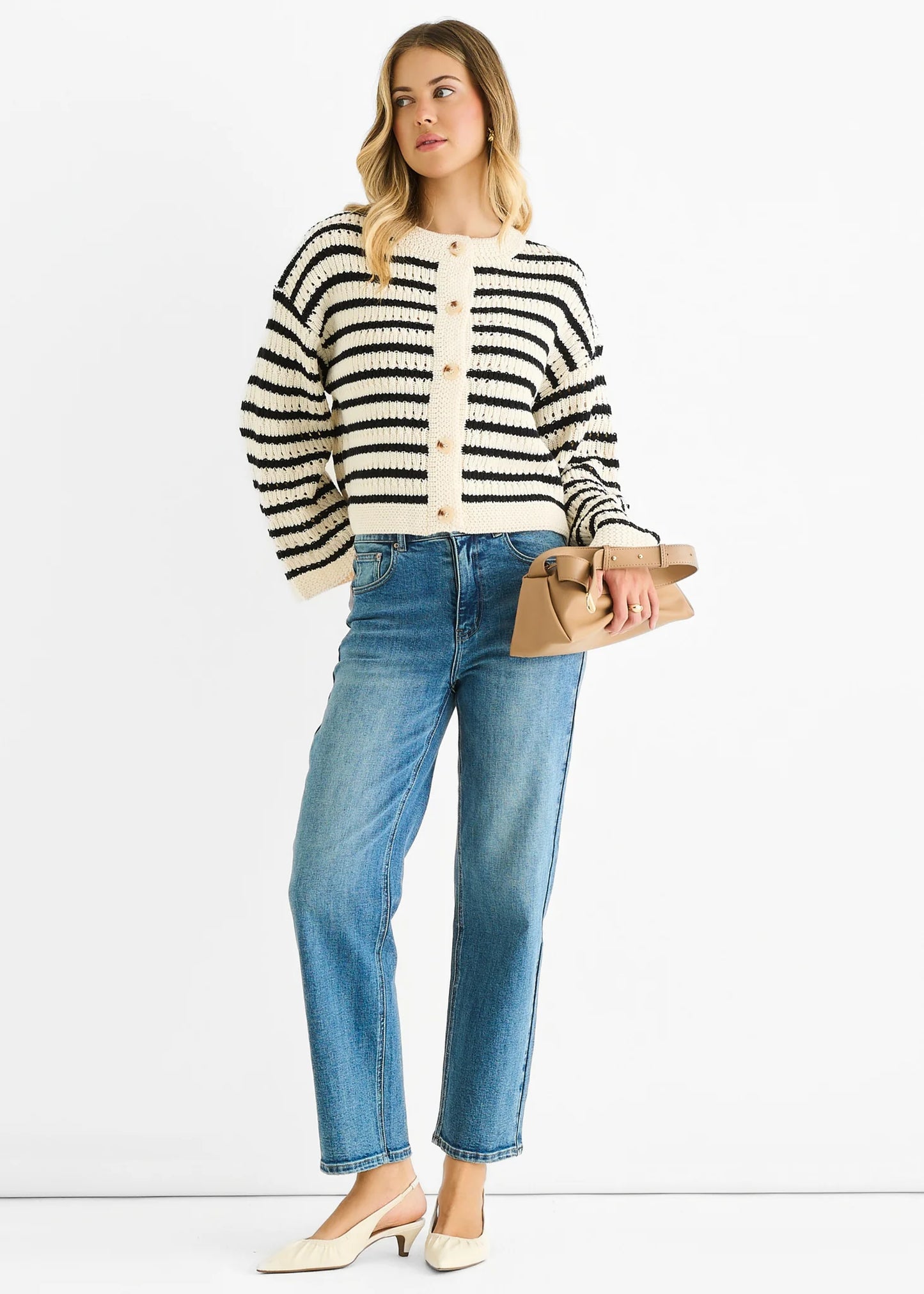 Cream Stripe Cable Knit Cardigan