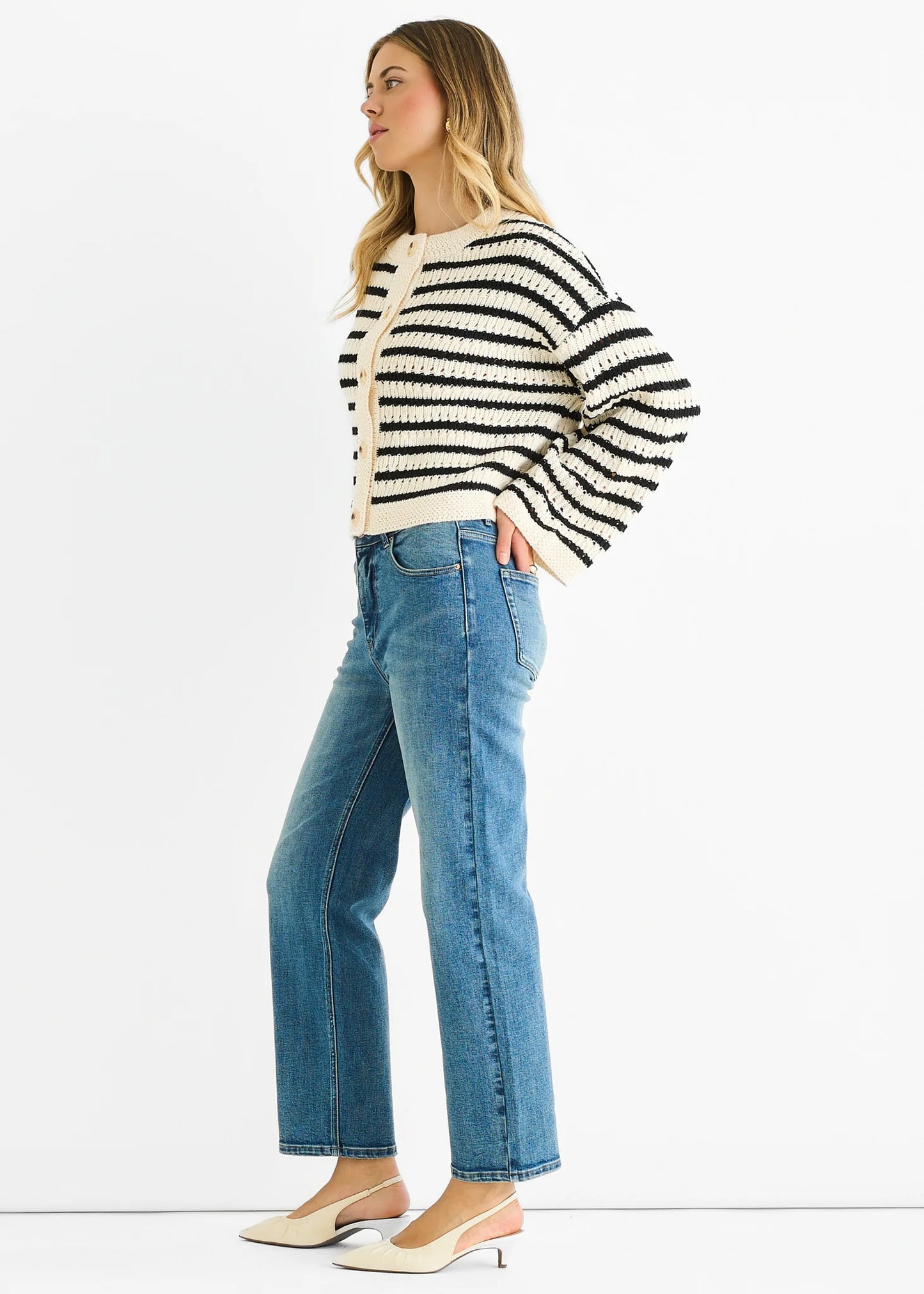 Cream Stripe Cable Knit Cardigan