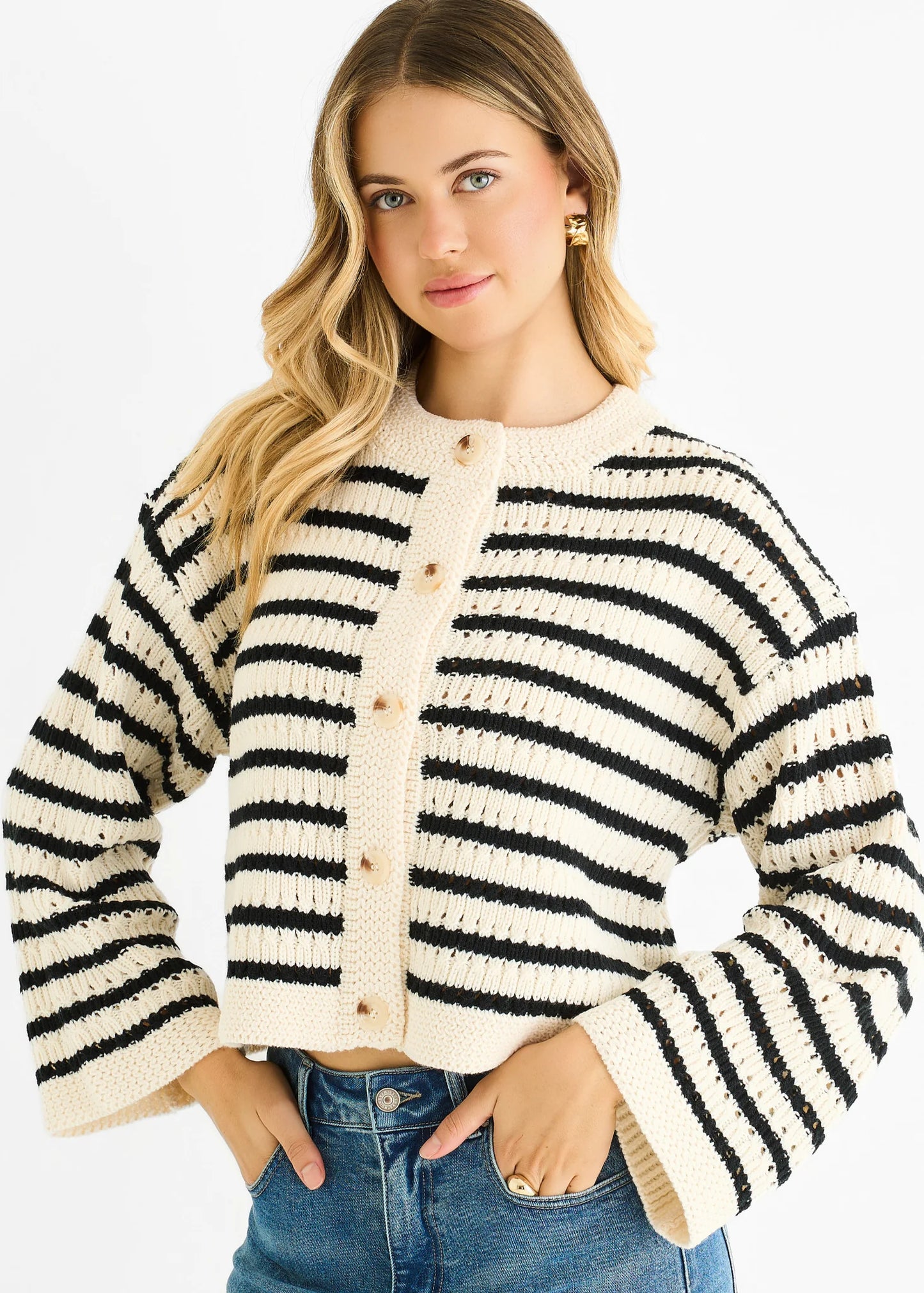 Cream Stripe Cable Knit Cardigan